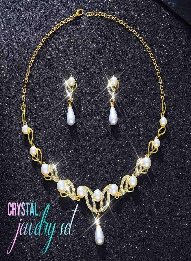 CLOACE Gold Pearl Bridal Wedding Jewelry Set Rhinestone Necklace Earrings Sets Costume Jewelry for Women and Brides (Gold) - Image 2