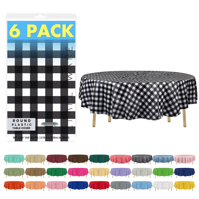 ZIMPLEWARE Premium Black Gingham Checkered Plastic Table Cloth Disposable (6 Pack) Round Tablecloth (84in) Party Table Cloths Disposable  Perfect Table Cloth Round Cover for Any Table Up to 6 Feet - Image 1