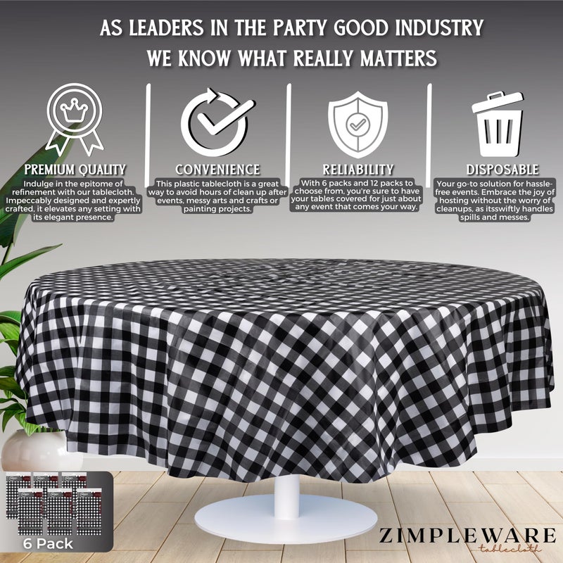 ZIMPLEWARE Premium Black Gingham Checkered Plastic Table Cloth Disposable (6 Pack) Round Tablecloth (84in) Party Table Cloths Disposable  Perfect Table Cloth Round Cover for Any Table Up to 6 Feet - Image 3