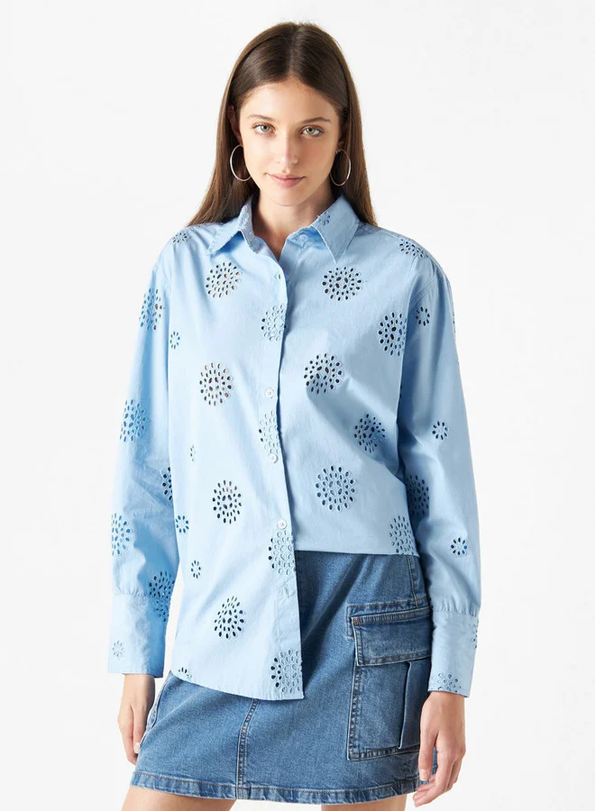 Lee Cooper All-Over Schiffli Embroidered Cotton Shirt with Long Sleeves