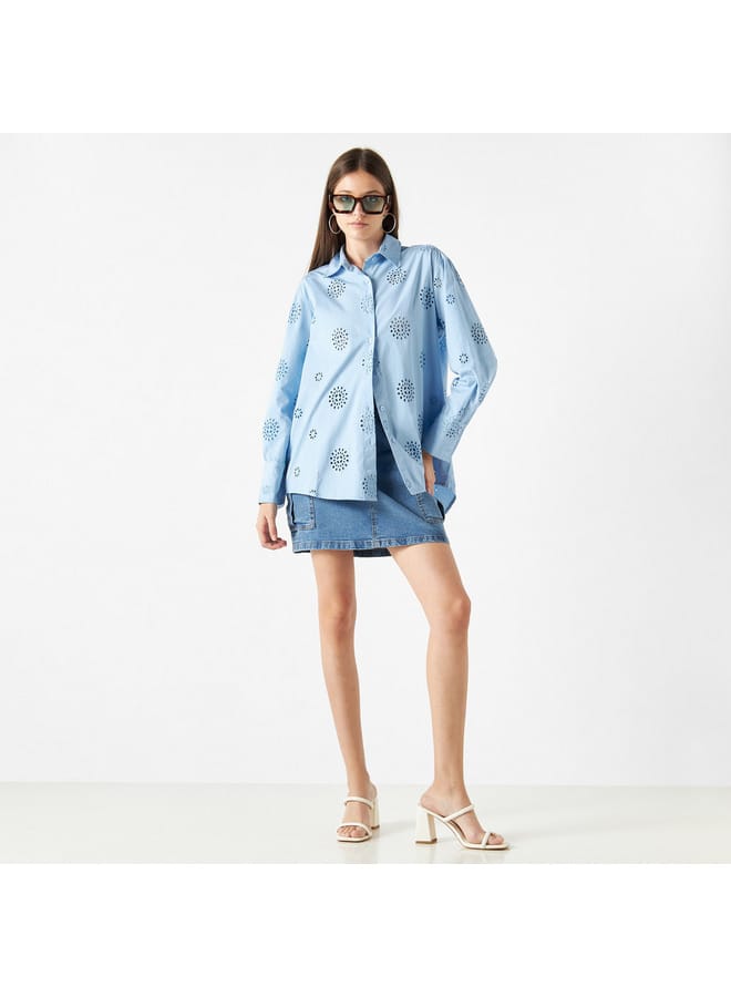 Lee Cooper Lee Cooper All-Over Schiffli Embroidered Shirt with Long Sleeves  - Image 2