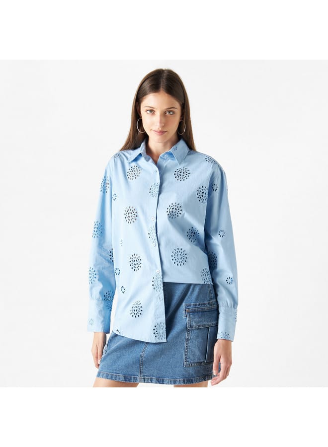 Lee Cooper Lee Cooper All-Over Schiffli Embroidered Shirt with Long Sleeves  - Image 1