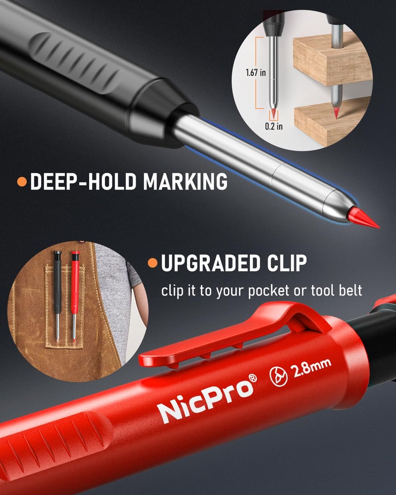 Nicpro 5 Pack Carpenter Pencil with Sharpener, Mechanical Pencils Set with 41 Refills (Red, Black, Yellow, White, Green, Blue), Deep Hole Marker Construction Heavy Duty Woodworking Pencils - With Case - Image 2