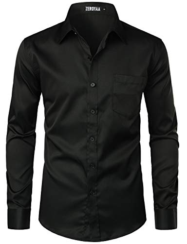 ZEROYAA Men's Urban Stylish Casual Business Slim Fit Long Sleeve Button Up Dress Shirt with Pocket ZLCL29 Black Medium - Image 1