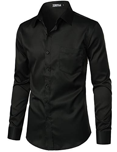 ZEROYAA Men's Urban Stylish Casual Business Slim Fit Long Sleeve Button Up Dress Shirt with Pocket ZLCL29 Black Medium - Image 2