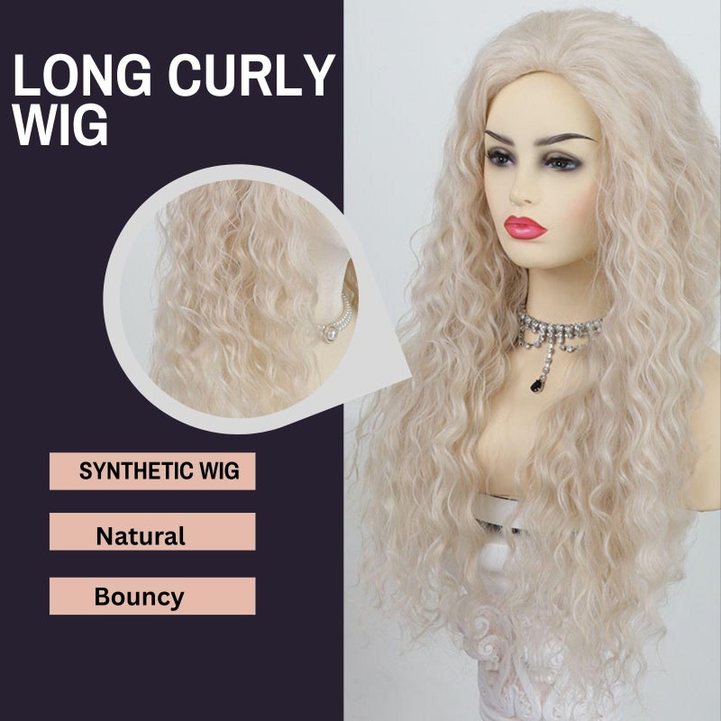 Fencca Platinum Blonde Long Curly Wigs for Women Heat Synthetic Wave Curly Wig Free Part Full Curly Hair Wigs for Daily Party Use - Image 4