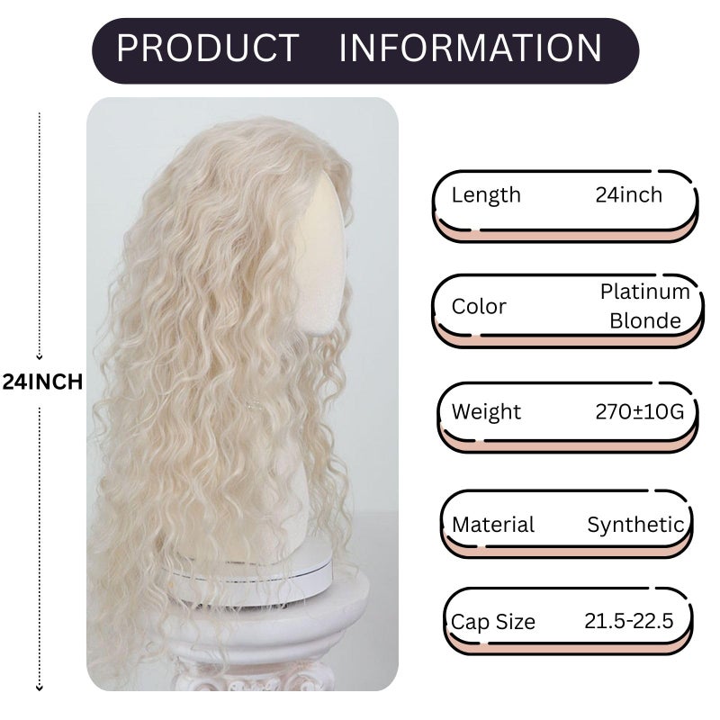 Fencca Platinum Blonde Long Curly Wigs for Women Heat Synthetic Wave Curly Wig Free Part Full Curly Hair Wigs for Daily Party Use - Image 5