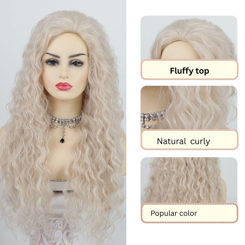 Fencca Platinum Blonde Long Curly Wigs for Women Heat Synthetic Wave Curly Wig Free Part Full Curly Hair Wigs for Daily Party Use - Image 2