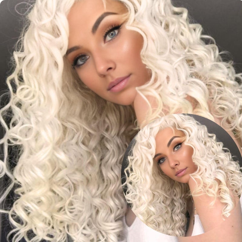 Fencca Platinum Blonde Long Curly Wigs for Women Heat Synthetic Wave Curly Wig Free Part Full Curly Hair Wigs for Daily Party Use - Image 1