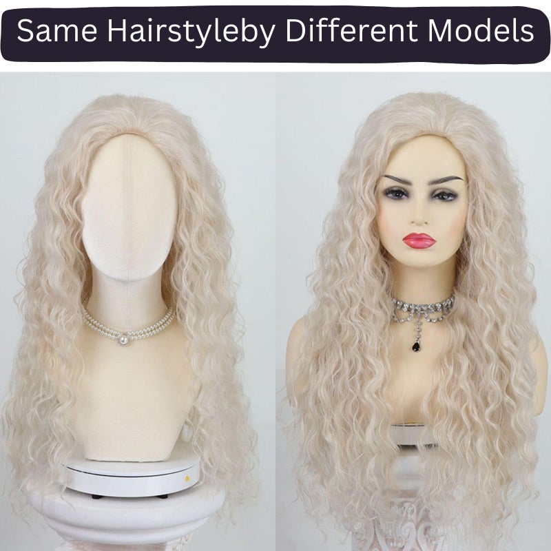 Fencca Platinum Blonde Long Curly Wigs for Women Heat Synthetic Wave Curly Wig Free Part Full Curly Hair Wigs for Daily Party Use - Image 3
