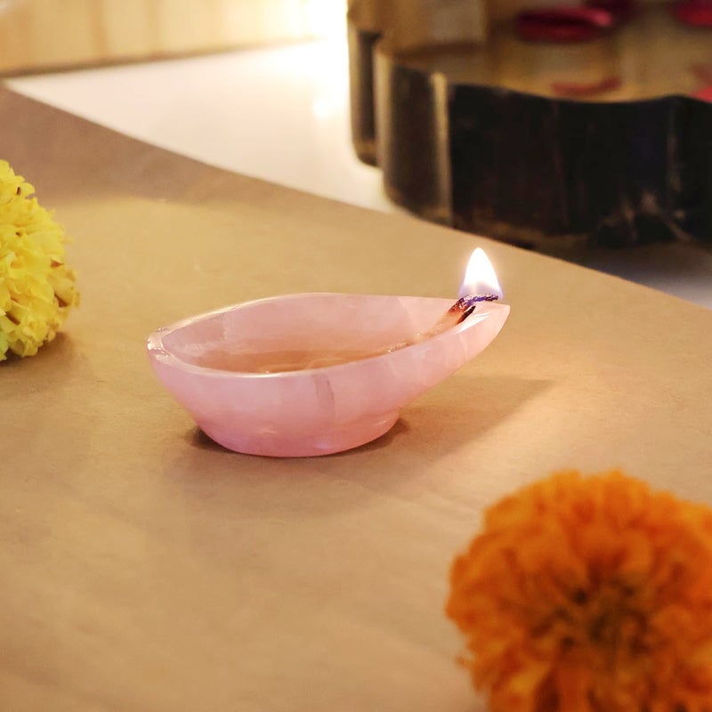 9Dzine Rose Quartz Crystal Diya for Home Decor Items 1 Face Oil Lamp Stone Diyas for Diwali Puja Temple Rangoli Diwali Decorative Festival Gifts for Women - Image 1