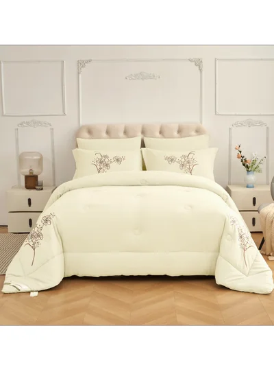 Donetella Comforter Set 4-Pcs Single Size Bed Fits(120 x 200 Cm)Hotel Style Applique Design Quilted Bedding Set With Down Alternative Filling,Ivory