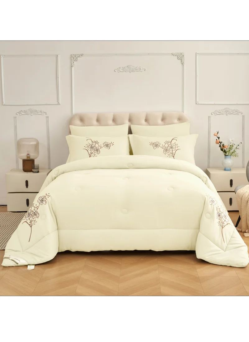 Donetella Comforter Set 4-Pcs Single Size Bed Fits(120 x 200 Cm)Hotel Style Applique Design Quilted Bedding Set With Down Alternative Filling,Ivory