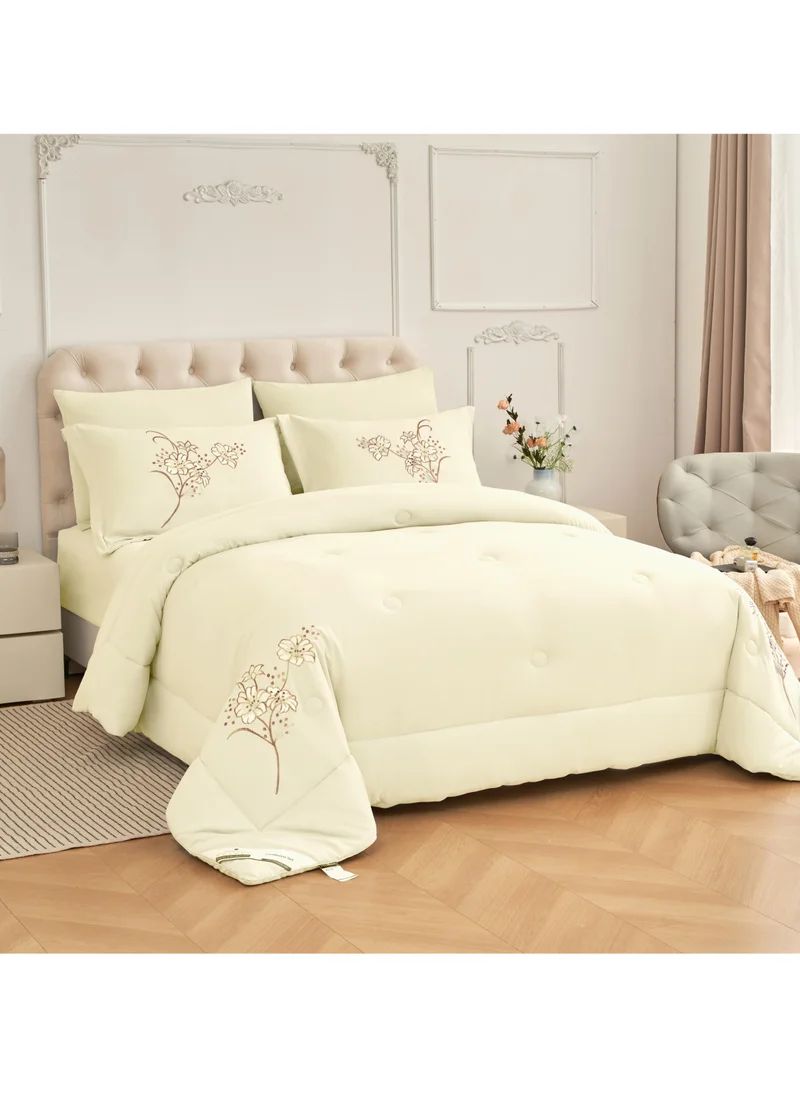Donetella Comforter Set 4-Pcs Single Size Bed Fits(120 x 200 Cm)Hotel Style Applique Design Quilted Bedding Set With Down Alternative Filling,Ivory