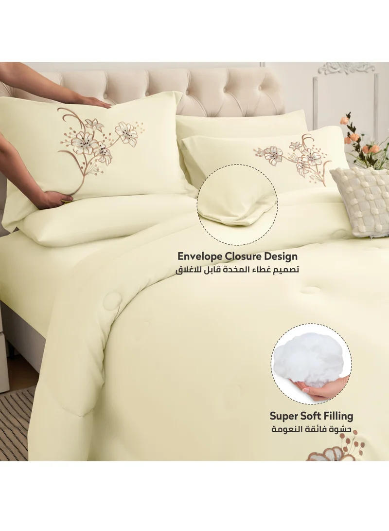 Donetella Comforter Set 4-Pcs Single Size Bed Fits(120 x 200 Cm)Hotel Style Applique Design Quilted Bedding Set With Down Alternative Filling,Ivory