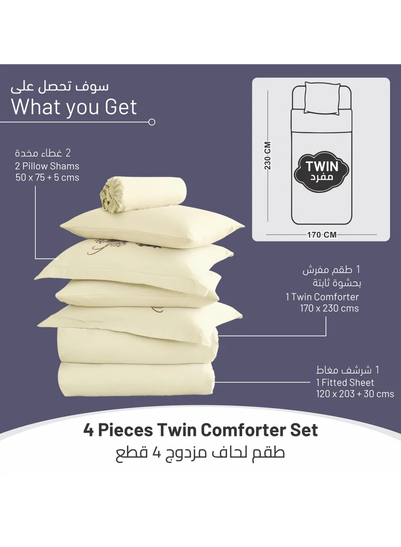 Donetella Comforter Set 4-Pcs Single Size Bed Fits(120 x 200 Cm)Hotel Style Applique Design Quilted Bedding Set With Down Alternative Filling,Ivory