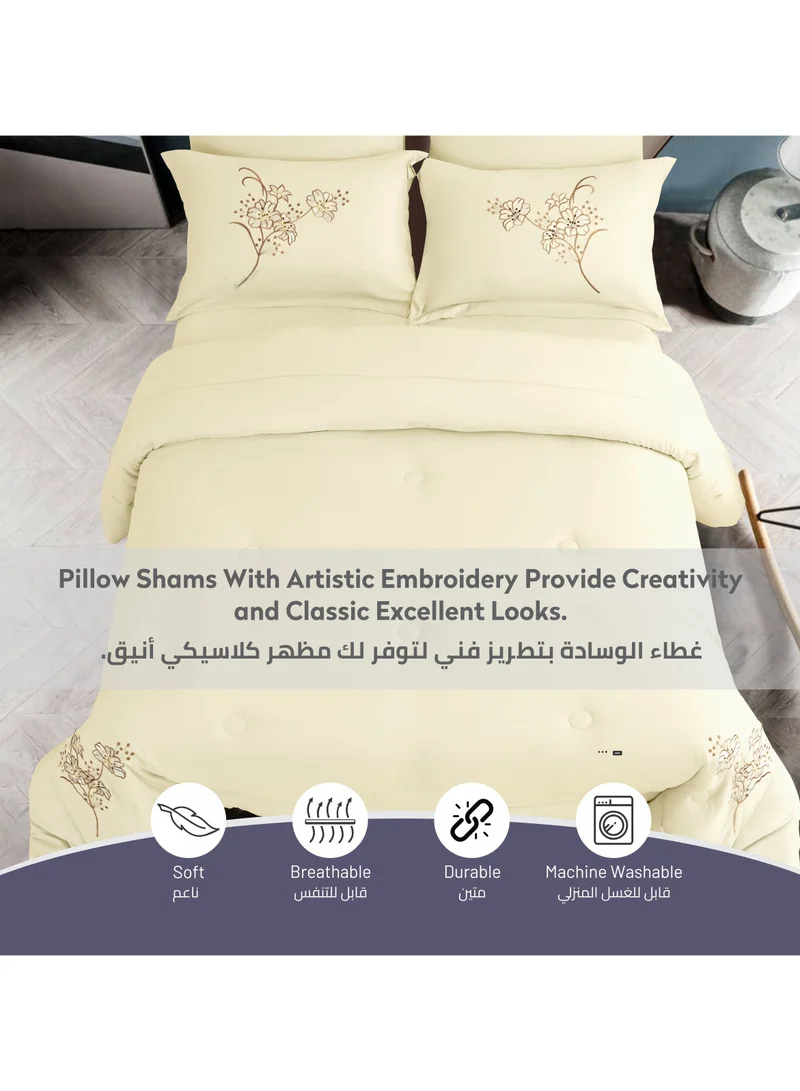 Donetella Comforter Set 4-Pcs Single Size Bed Fits(120 x 200 Cm)Hotel Style Applique Design Quilted Bedding Set With Down Alternative Filling,Ivory