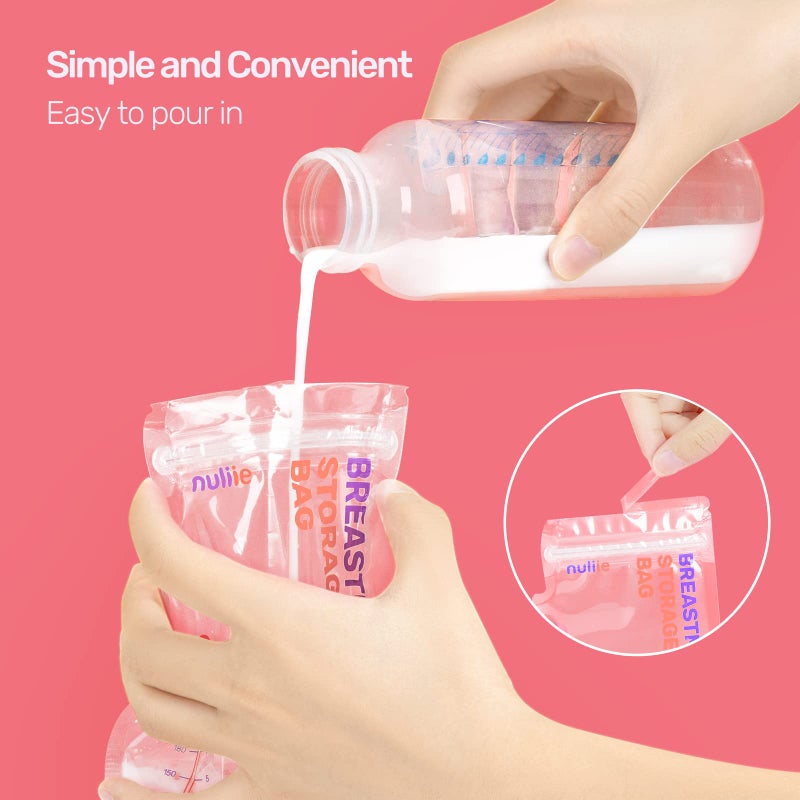 Nuliie 50 Pcs Breastmilk Storage Bags, 8 OZ Breast Milk Storing Bags, BPA-Free, Milk Storage Bags with Pour Spout for Breastfeeding, Self-Standing Bag, Space Saving Flat Profile - Image 5