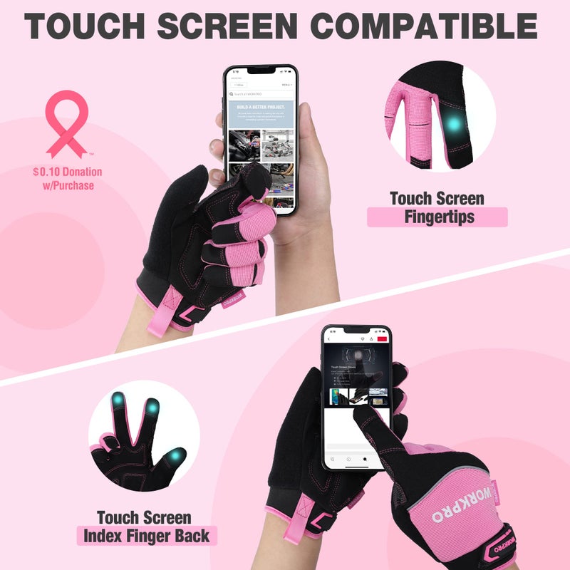 WORKPRO Safety Work Gloves, Pink Working Gloves for Women Men, Touch Screen, Terry Fabric, Non-Slip (Medium, Pink Ribbon) - Image 3