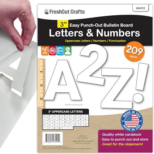 FreshCut Crafts 209 Pcs 3 in. White Bulletin Board Letters & Numbers, Capital Letters, Numbers, Punctuation, US Made Card Stock Punch Out Letters for Poster, Bulletin Board, Classroom - Image 1