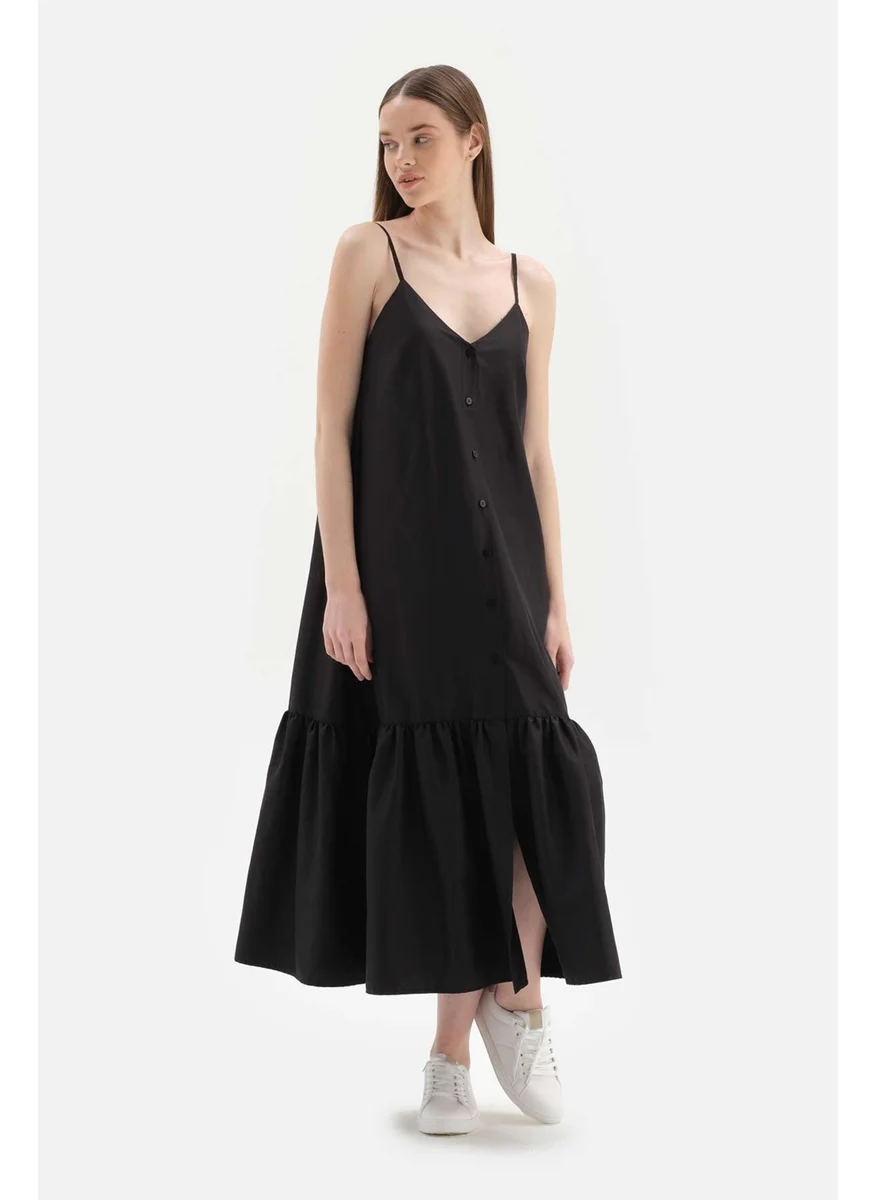 dagi Black Strappy Long Woven Dress with Buttons on the Front