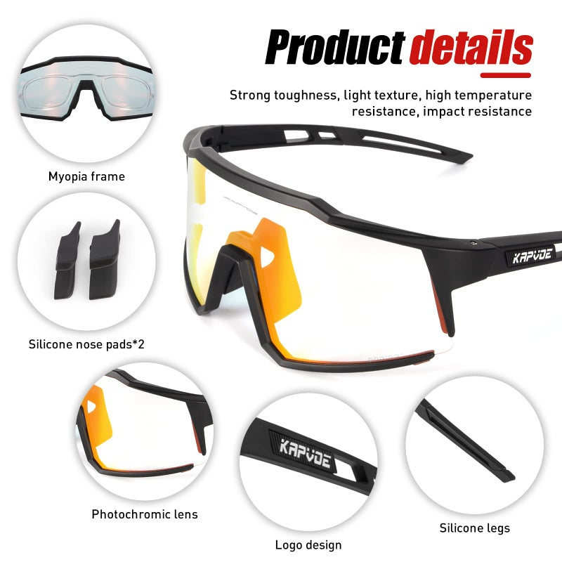 KAPVOE Photochromic Cycling Glasses MTB Clear Mountain Bike Transition Bicycle Sunglasses for Men Women - K9022 - Image 4