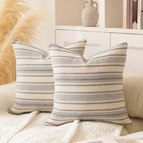 WACOMECO Pack of 2 Farmhouse Throw Pillow Covers, Textured Boho Cushion Covers for Couch Sofa Bed Home Decoration, 18x18 inch, Light Grey - Image 1