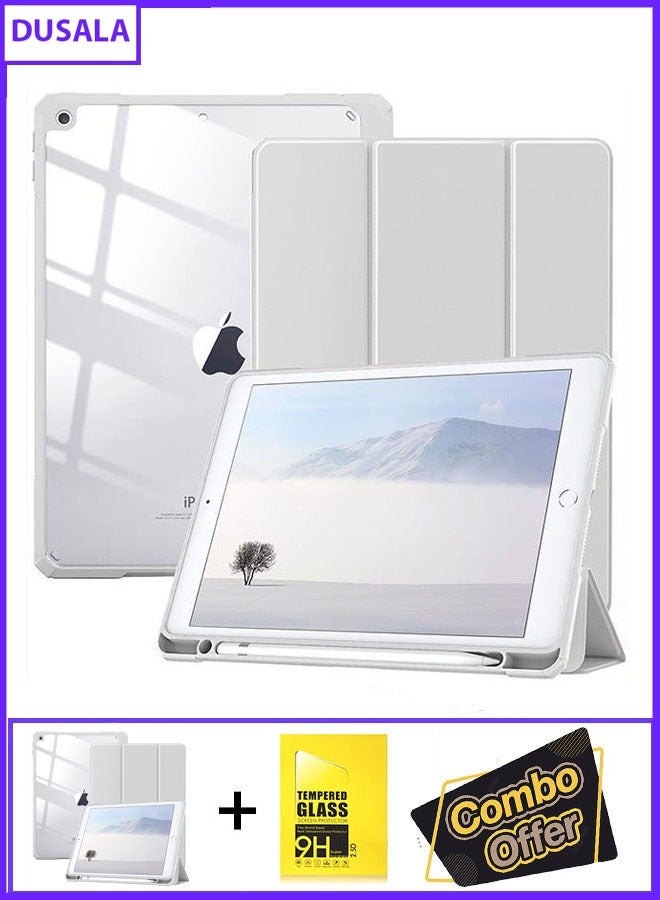 DUSALA 2 in 1 Case for iPad 9th Generation 2021/iPad 8th Generation 2020/iPad 7th Generation 2019 10.2 inch with Pencil Holder, Slim Protective Cover with Clear Back Shell, Auto Wake/Sleep With Tempered Glass - Image 1