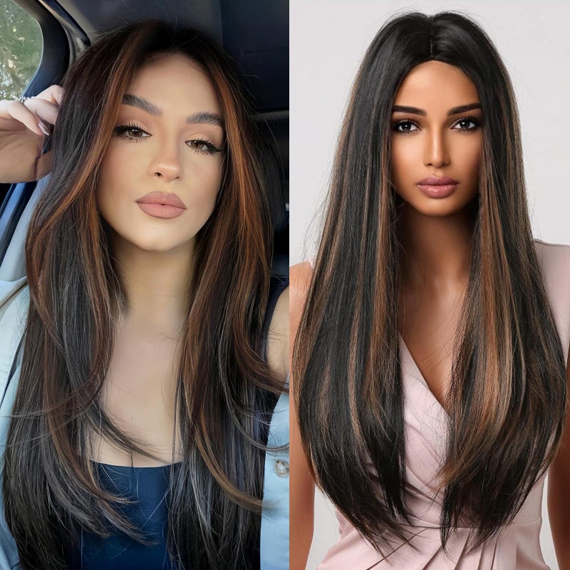 Allbell Brown Wigs Long Black Wigs for Black Women Straight Dark Brown Hair Wigs with Blonde Highlights Long Middle Part Wig Fiber Synthetic Wig For Girl Party Use