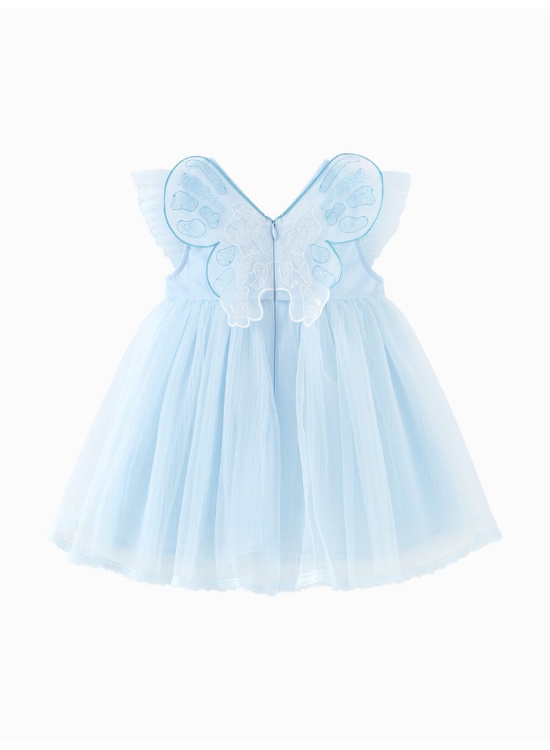 ميني بالا فستان جذاب بأكمام منفوخة للفتيات، مصنوع من قماش التول الناعم القابل للتنفس، رقبة مكشكشة، تطريز على شكل فراشة في الخلف، حواف من الدانتيل، مثالي للحفلات وحفلات الزفاف والمناسبات الخاصة للأطفال - Image 5