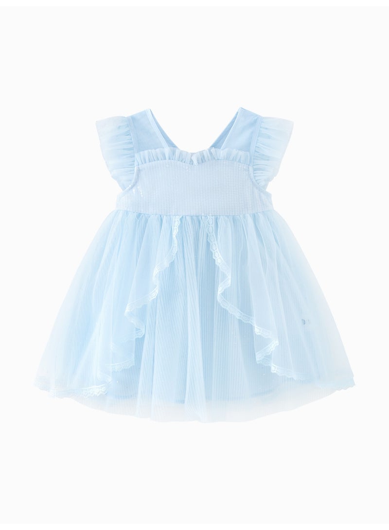 ميني بالا فستان جذاب بأكمام منفوخة للفتيات، مصنوع من قماش التول الناعم القابل للتنفس، رقبة مكشكشة، تطريز على شكل فراشة في الخلف، حواف من الدانتيل، مثالي للحفلات وحفلات الزفاف والمناسبات الخاصة للأطفال - Image 4