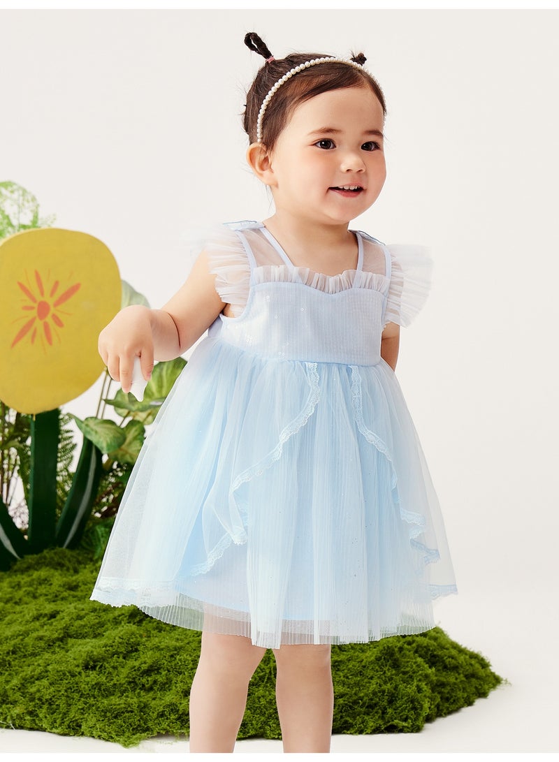 ميني بالا فستان جذاب بأكمام منفوخة للفتيات، مصنوع من قماش التول الناعم القابل للتنفس، رقبة مكشكشة، تطريز على شكل فراشة في الخلف، حواف من الدانتيل، مثالي للحفلات وحفلات الزفاف والمناسبات الخاصة للأطفال - Image 2