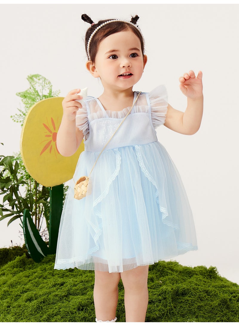 ميني بالا فستان جذاب بأكمام منفوخة للفتيات، مصنوع من قماش التول الناعم القابل للتنفس، رقبة مكشكشة، تطريز على شكل فراشة في الخلف، حواف من الدانتيل، مثالي للحفلات وحفلات الزفاف والمناسبات الخاصة للأطفال - Image 1