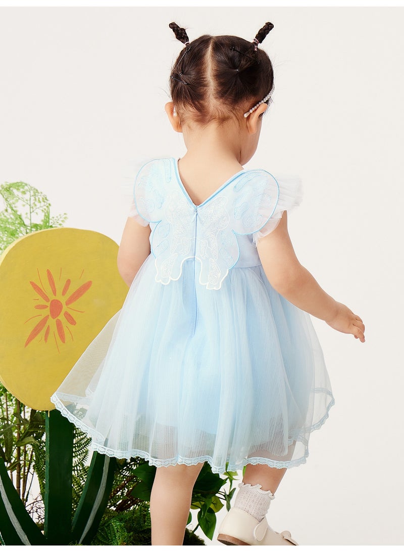 ميني بالا فستان جذاب بأكمام منفوخة للفتيات، مصنوع من قماش التول الناعم القابل للتنفس، رقبة مكشكشة، تطريز على شكل فراشة في الخلف، حواف من الدانتيل، مثالي للحفلات وحفلات الزفاف والمناسبات الخاصة للأطفال - Image 3