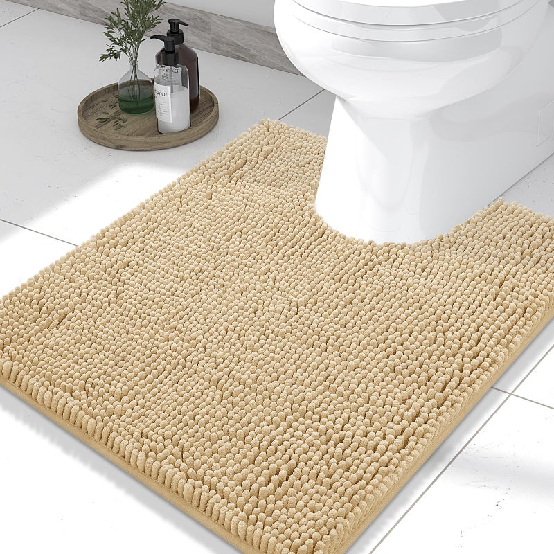 Smiry Luxury Chenille Toilet Rugs UShaped 24x20 Soft Absorbent NonSlip Contour Bathroom Rugs for Toilet Machine Washable Contoured Bath Mats Beige