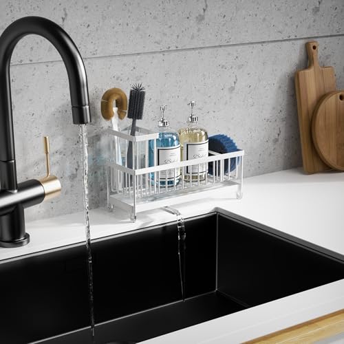 Moforoco Extra Large Kitchen Sink Caddy, Rustproof Sponge Holder with High Brush Holder, Stainless Steel White Kitchen Caddy Sink Countertop Organizer, Sponge Caddy for Kitchen Sink - Image 5