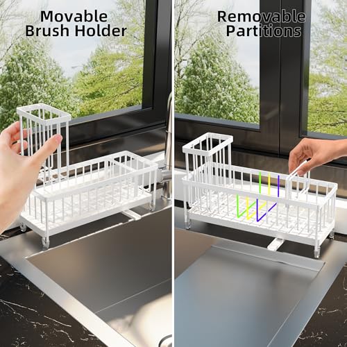 Moforoco Extra Large Kitchen Sink Caddy, Rustproof Sponge Holder with High Brush Holder, Stainless Steel White Kitchen Caddy Sink Countertop Organizer, Sponge Caddy for Kitchen Sink - Image 4