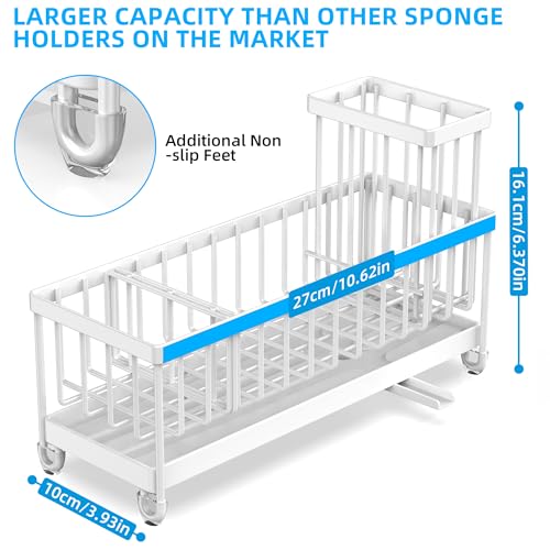 Moforoco Extra Large Kitchen Sink Caddy, Rustproof Sponge Holder with High Brush Holder, Stainless Steel White Kitchen Caddy Sink Countertop Organizer, Sponge Caddy for Kitchen Sink - Image 3