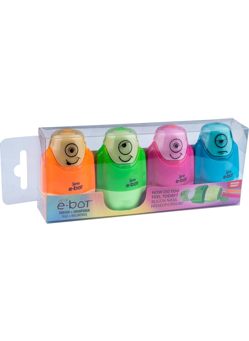 Serve E-Bot Pencil Sharpener with Eraser - Highlighter Colors - Pack of 4  - Image 1