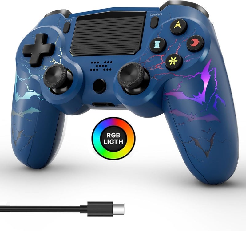 Wireless Controller for PS4,LED Controller for Playstation 4 with 5 Light Modes/USB-C Charging Port/Touchpad/Dual Motors/6-Axis Gyro/3.5mm Audio Jack, Blue Bats-Shape Light Design Game Control for PS4 - Image 1