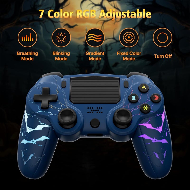 Wireless Controller for PS4,LED Controller for Playstation 4 with 5 Light Modes/USB-C Charging Port/Touchpad/Dual Motors/6-Axis Gyro/3.5mm Audio Jack, Blue Bats-Shape Light Design Game Control for PS4 - Image 2
