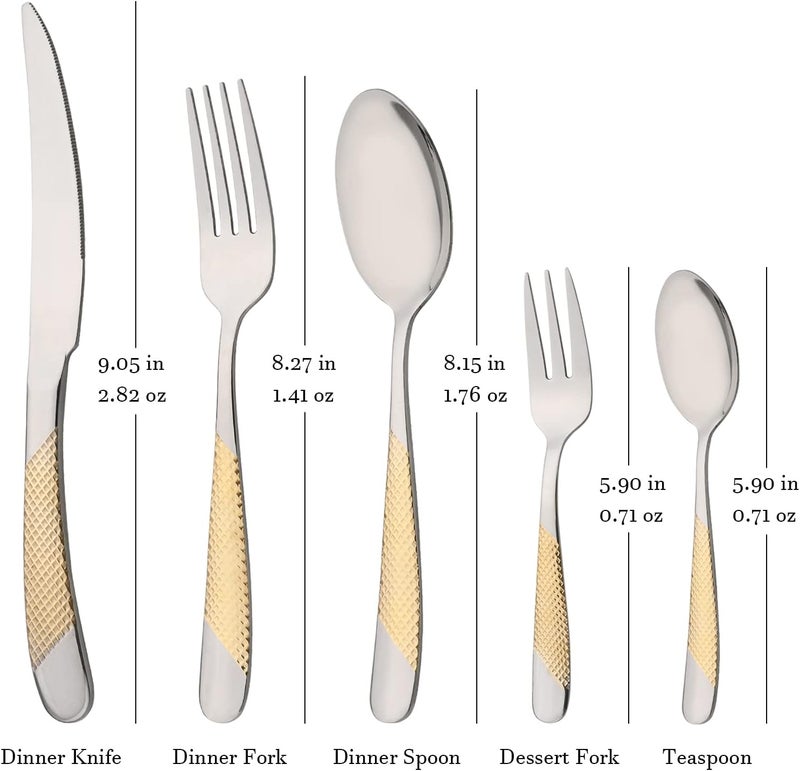 Uniturcky 20PCS Silverware Set 180 Stainless Steel Flatware Set for 4 Kitchen Utensil Cutlery Set Include Dinner KnifeForkSpoon TeaspoonCake Fork Mirror Polished Silver with Gold Handle - Image 2