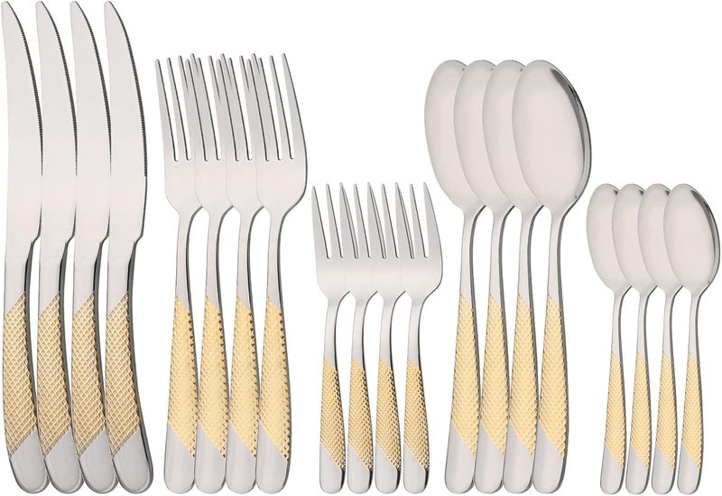 Uniturcky 20PCS Silverware Set 180 Stainless Steel Flatware Set for 4 Kitchen Utensil Cutlery Set Include Dinner KnifeForkSpoon TeaspoonCake Fork Mirror Polished Silver with Gold Handle - Image 1