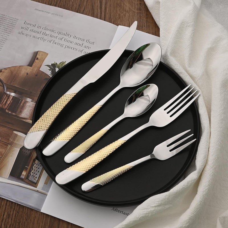 Uniturcky 20PCS Silverware Set 180 Stainless Steel Flatware Set for 4 Kitchen Utensil Cutlery Set Include Dinner KnifeForkSpoon TeaspoonCake Fork Mirror Polished Silver with Gold Handle - Image 3