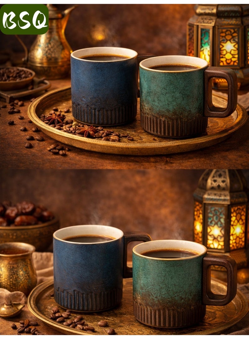 بي إس كيو كوبان صغيران من الإسبريسو (أزرق وأخضر، كلاهما مخبوز) سعة 75 مل بمقابض سيراميكية وتزجيج متدرج، مثاليان للقهوة التركية واللاتيه والكابتشينو. كما تتضمن المجموعة كوبين صغيرين من البورسلين على الطراز الياباني (بمقابض خشبية) وفنجانين صغيرين من الشاي الخزفي. - Image 4