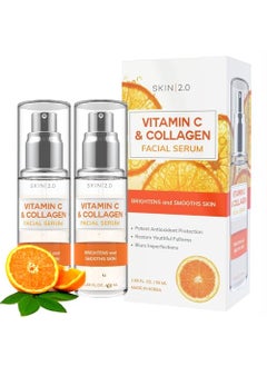 Skin 2.0 Vitamin C Serum with Collagen - Anti-Aging & Dark Spot Remover - Dermatologist Tested Korean Skincare for Brightening & Acne - Clean Beauty, Cruelty-Free, All Skin Types - 1.69oz (2-Pack)