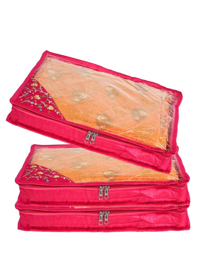 Kuber Industries Kuber Industries Saree Cover | Side Embroidery-Design Clothes Storage Bag | Suit Packing Cover | Wardrobe Cloth Storage Organiser with Zip | 3 Inch | Pack of 3 | Pink  - Image 1