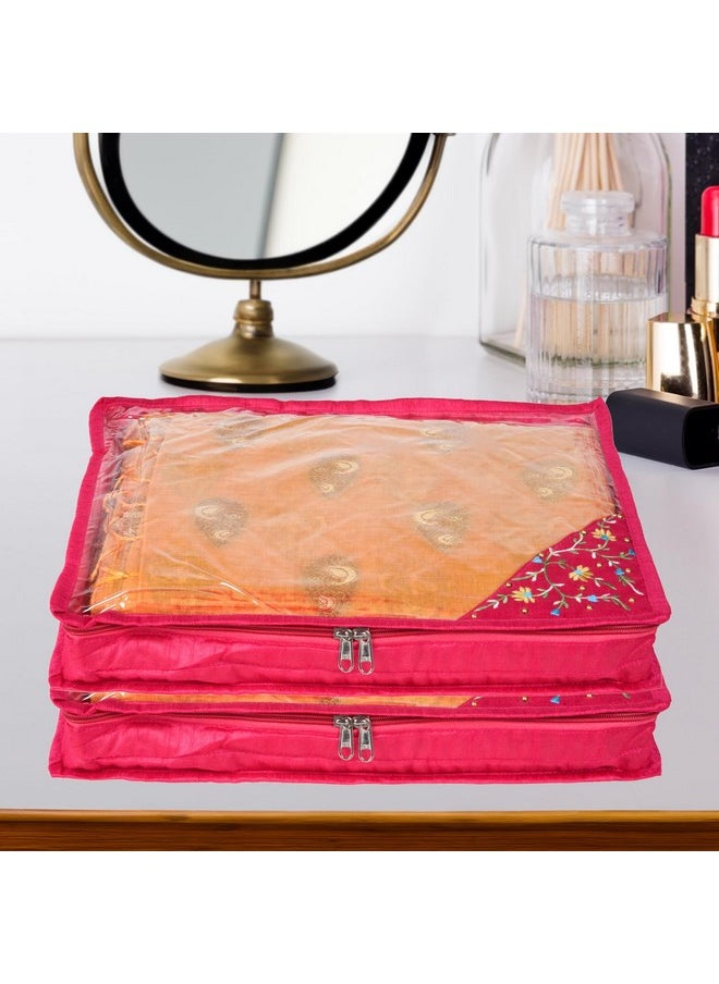 Kuber Industries Kuber Industries Saree Cover | Side Embroidery-Design Clothes Storage Bag | Suit Packing Cover | Wardrobe Cloth Storage Organiser with Zip | 3 Inch | Pack of 3 | Pink  - Image 2