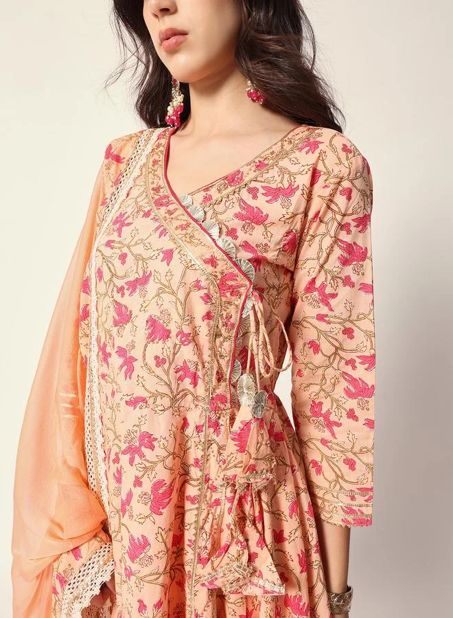 ISHIN Women's Peach Cotton Textured Tunic Full Palazzo Regular Fit Kurta Set