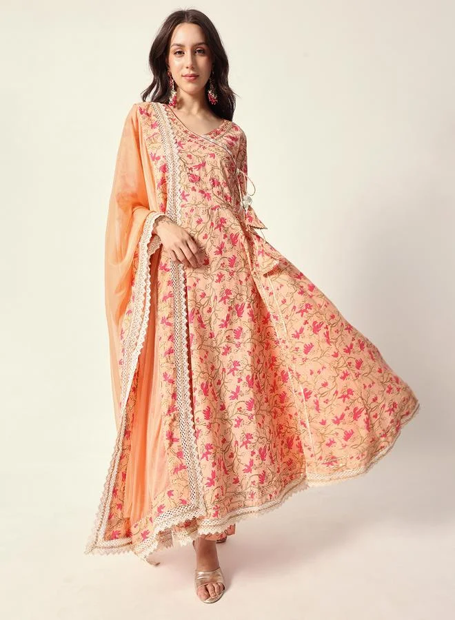 ISHIN Women's Peach Cotton Textured Tunic Full Palazzo Regular Fit Kurta Set
